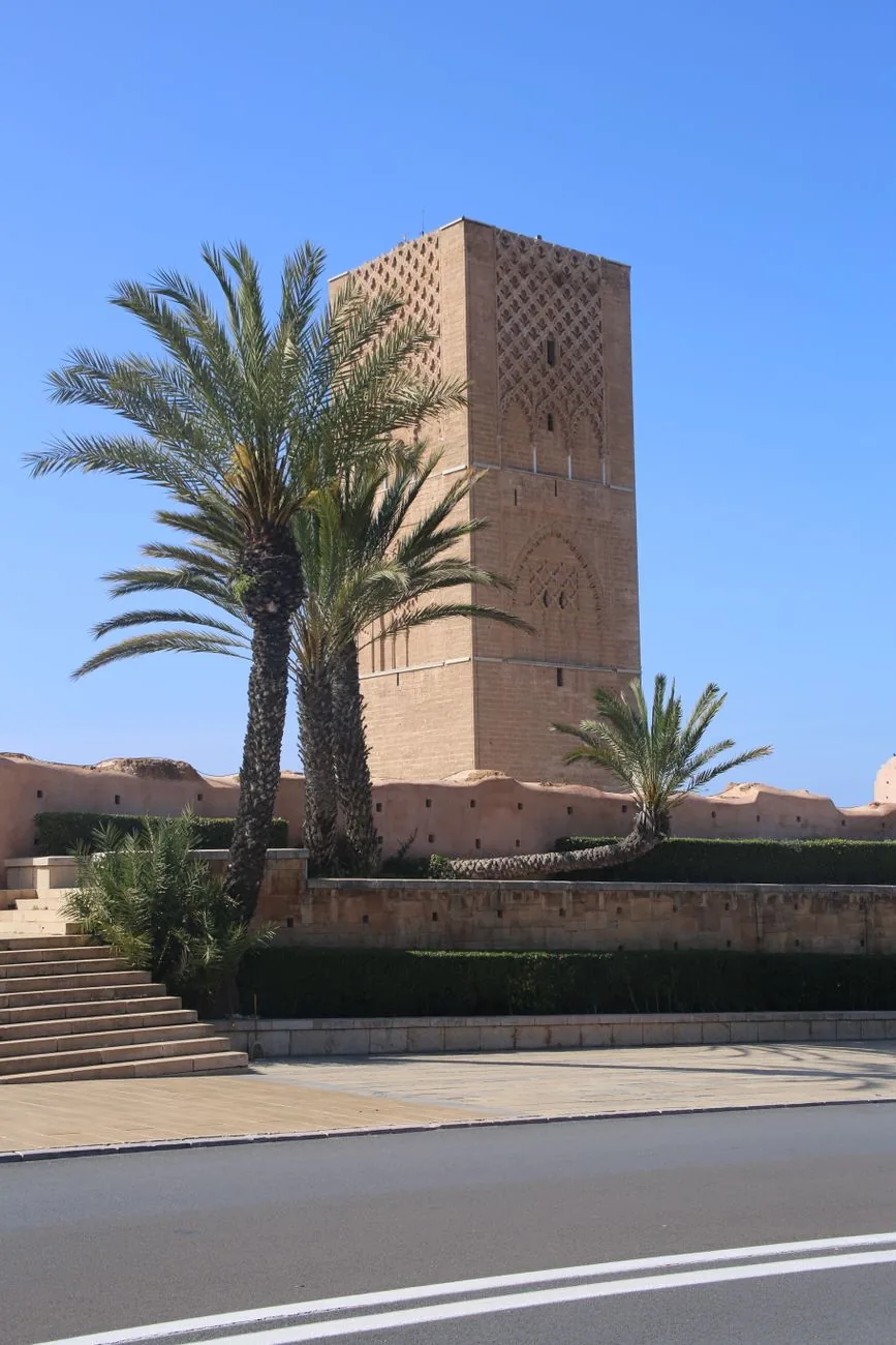 Tour Hassan de Rabat en pierre ocre, palmier au premier plan sous un ciel bleu